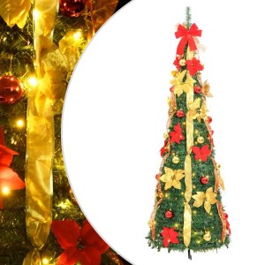 Grüner Pop-Up Weihnachtsbaum, 180 cm, mit 150 warmweißen LEDs, roten Schleifen, goldenen Bändern und Kugeln.