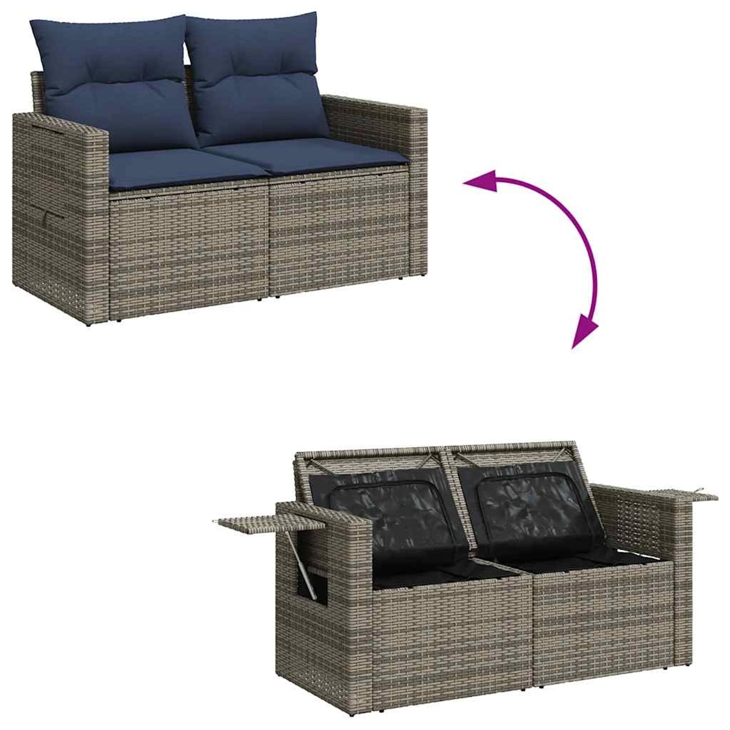 Graue 11-tlg. vidaXL Garten-Sofagarnitur aus Polyrattan mit blauen Kissen und Stauraum.