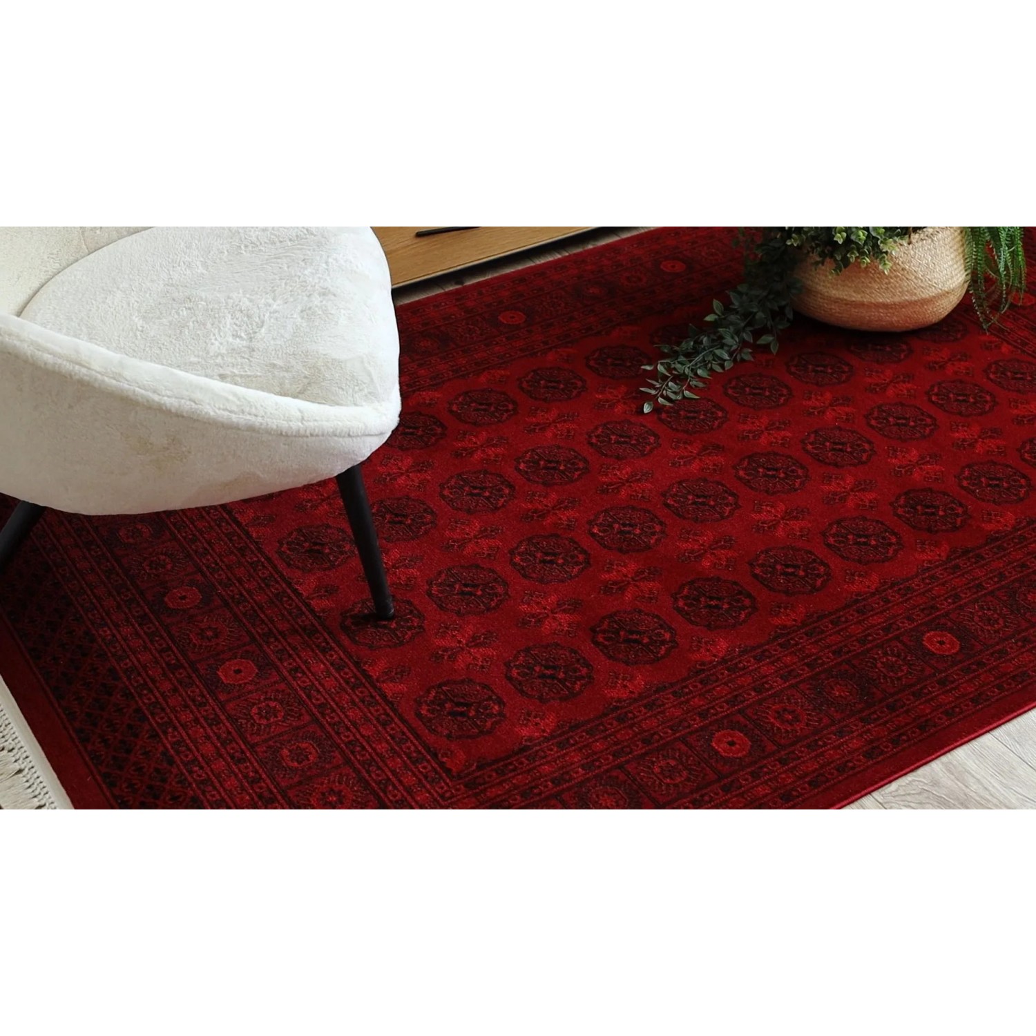 RugsX Orient-Teppich rot mit klassischem Muster und Fransen im Wohnzimmer, unter weißem Sessel.