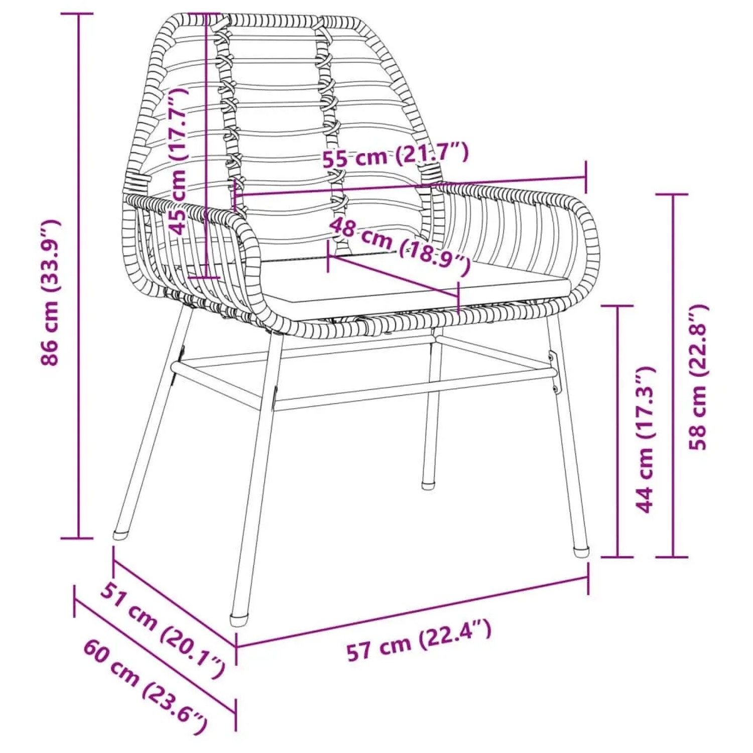 Brauner vidaXL Poly Rattan Gartenstuhl mit cremeweißem Kissen und Maßen. Detailansicht des Gartenmöbels.