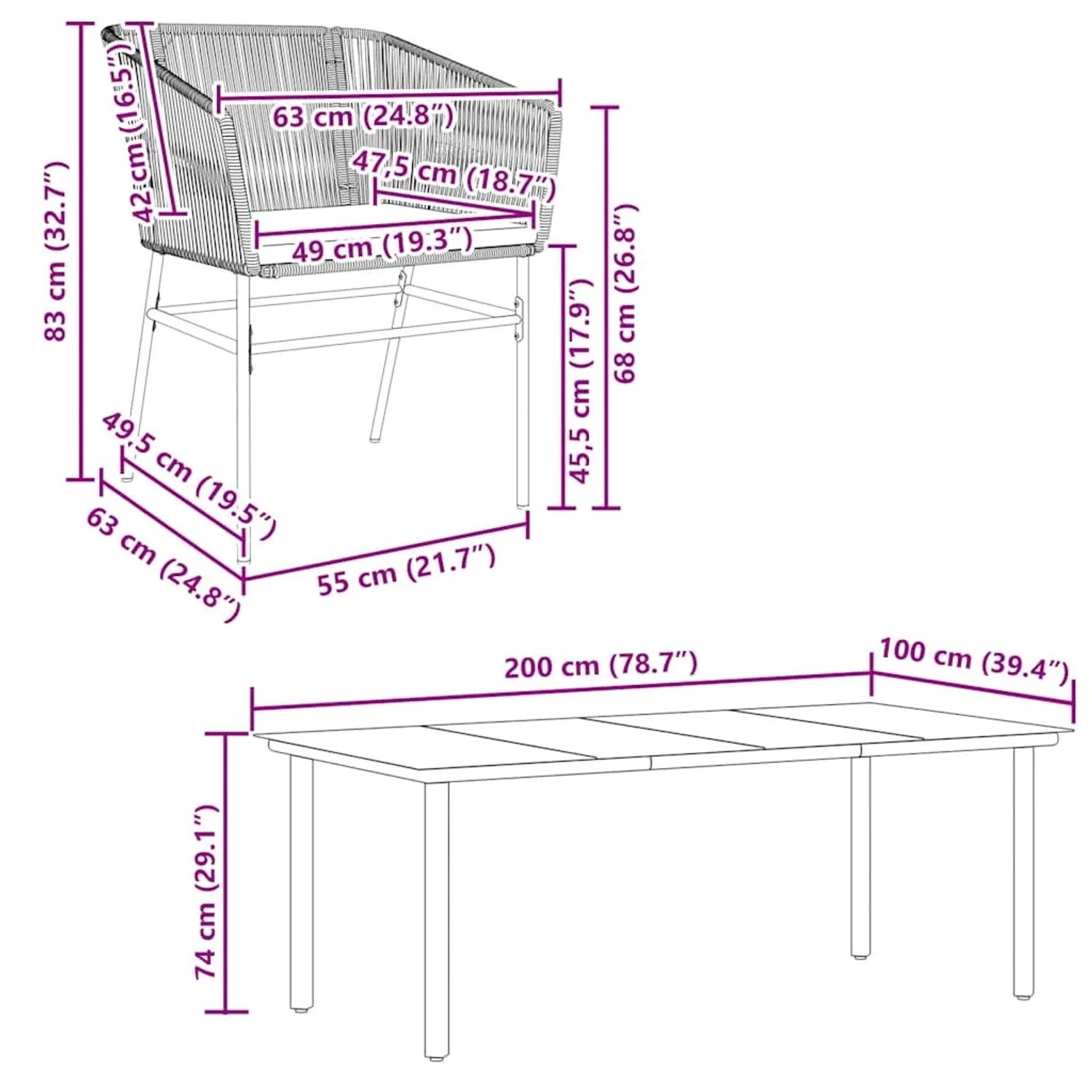 vidaXL 7-tlg. Garten-Essgruppe, grau, Poly Rattan, Glas, mit Maßangaben.