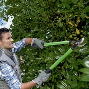 Mann schneidet Hecke mit grüner Relaxdays Heckenschere aus dem 3-teiligen Gartenscheren Set.