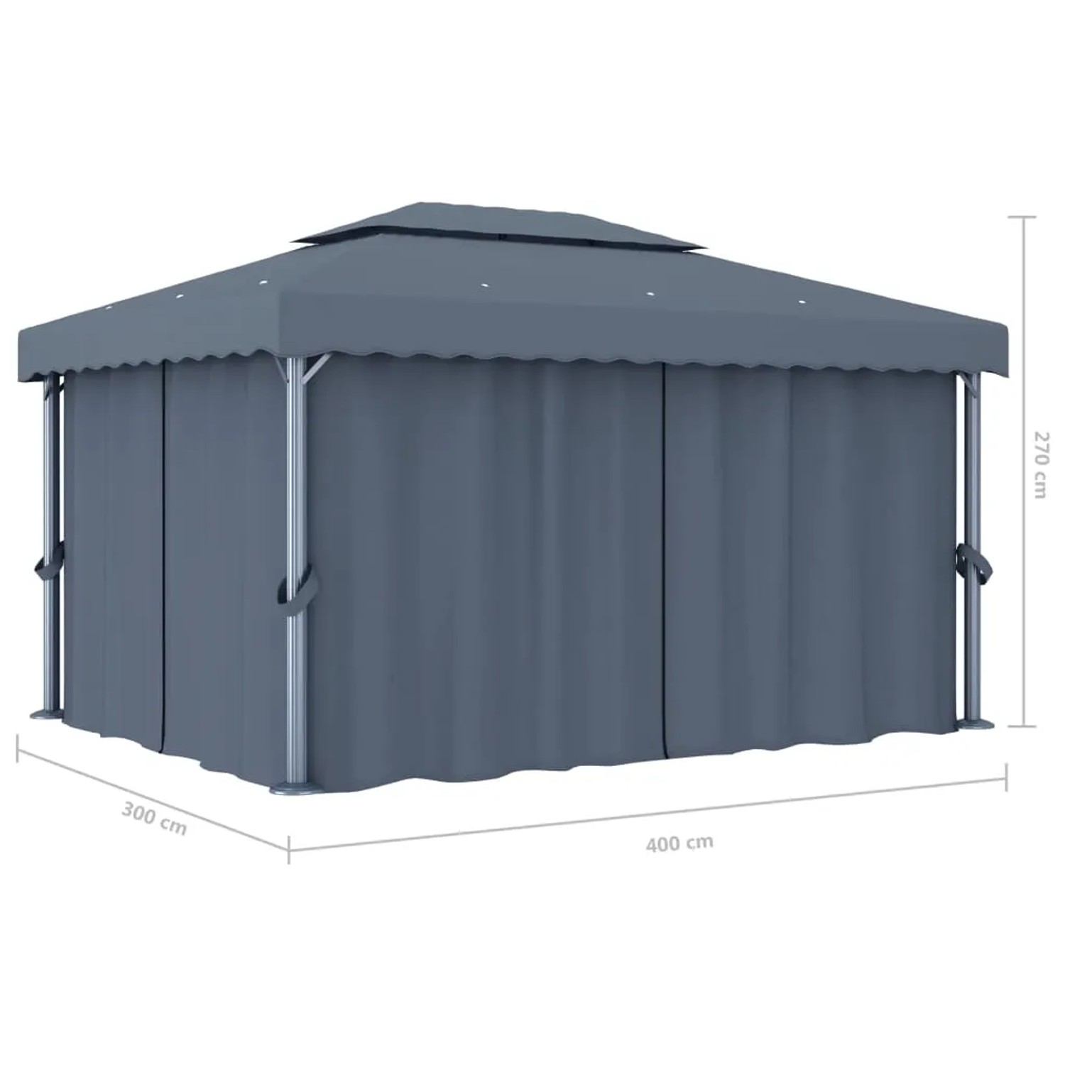 Anthrazitfarbener vidaXL Pavillon 4x3 m mit Vorhängen und LED-Lichterkette für Garten & Terrasse.