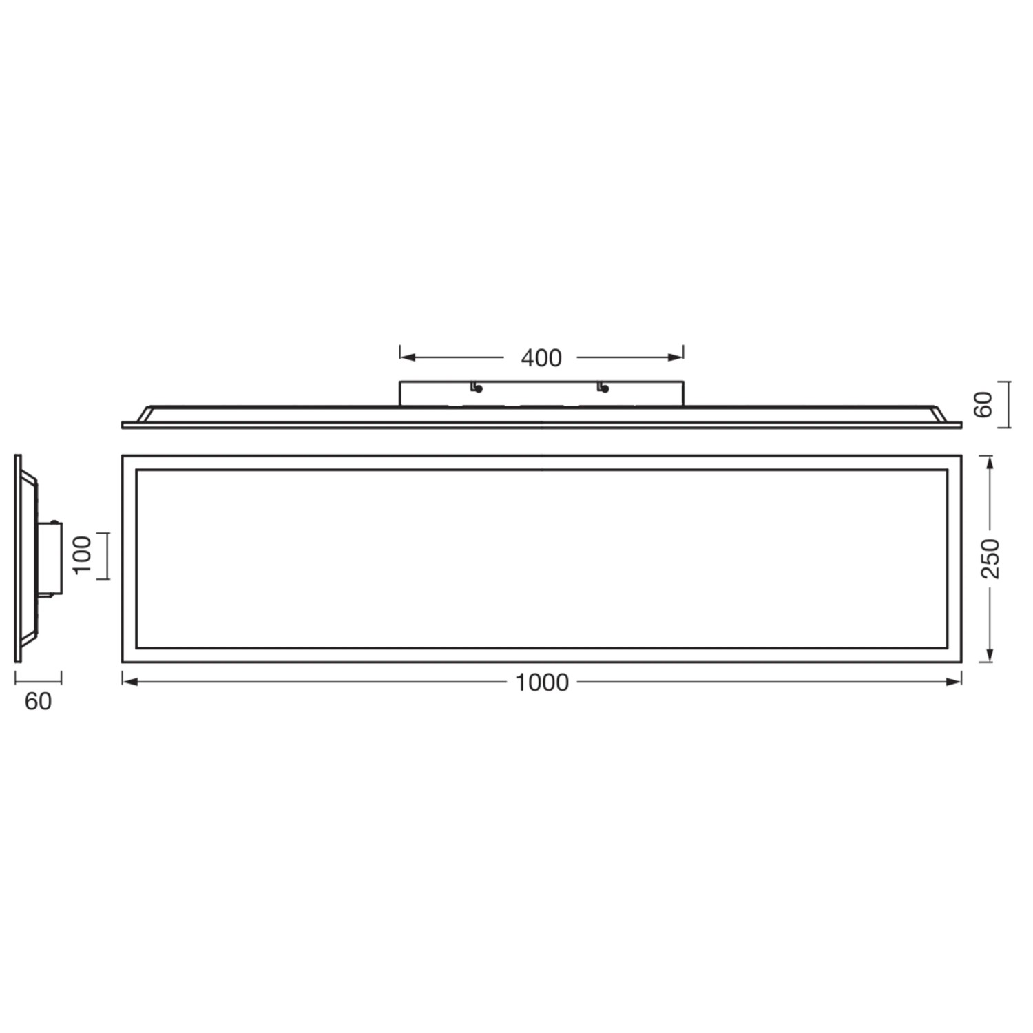 Technische Zeichnung der weißen Osram LED-Panelleuchte Essential Remote-CCT, 100x25cm, mit Maßangaben.