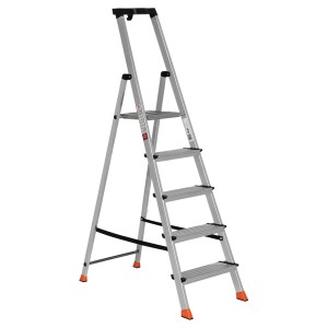 Euroline Stufenstehleiter mit 5 Stufen, Sicherheitsbrücke und Werkzeugablage.