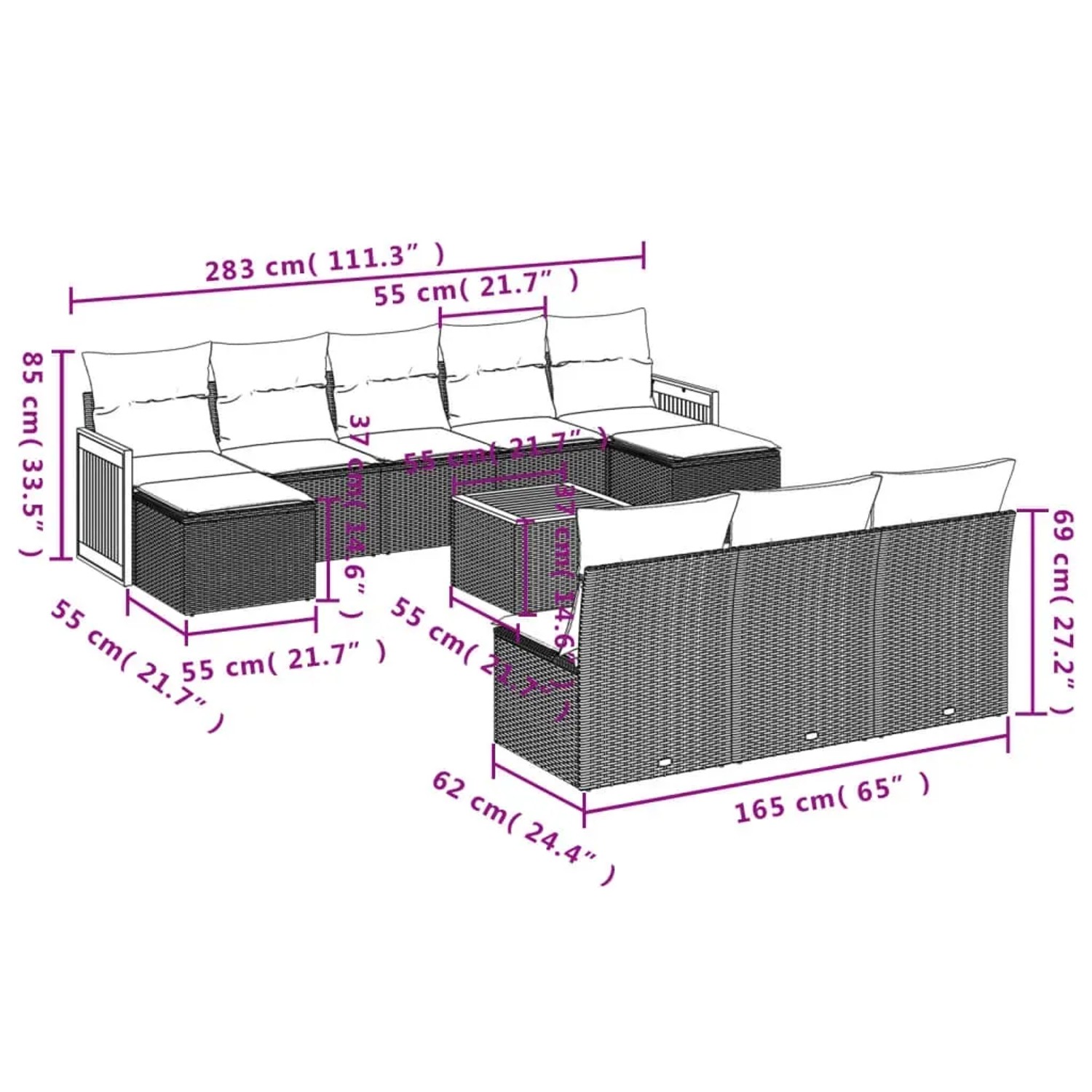 vidaXL 11-tlg. Garten-Sofagarnitur, schwarz, Poly Rattan, mit Maßen. Ideal für Terrasse und Garten.