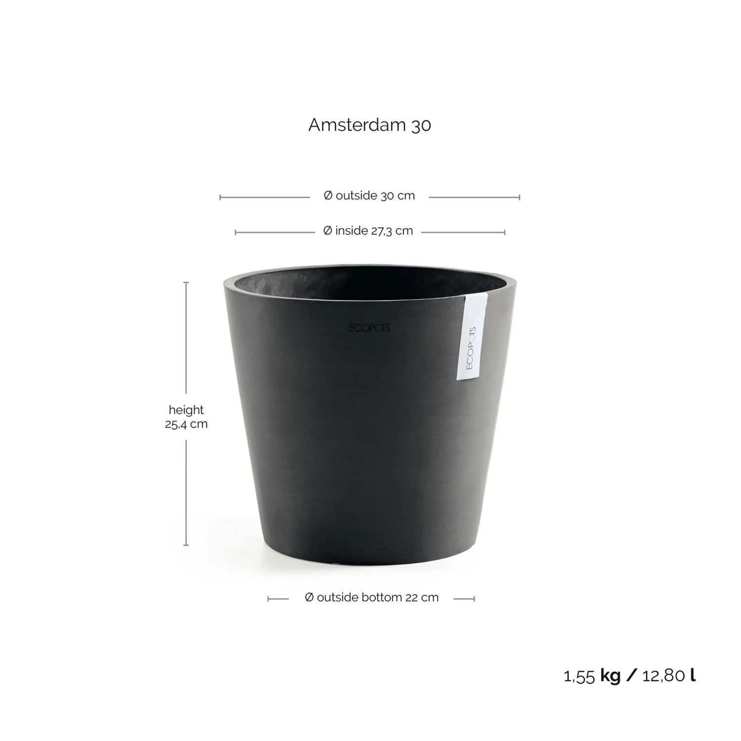 Ecopots Amsterdam Pflanztopf, dunkelgrau, Ø 30 cm. Ideal für Innen- & Außenbereich.
