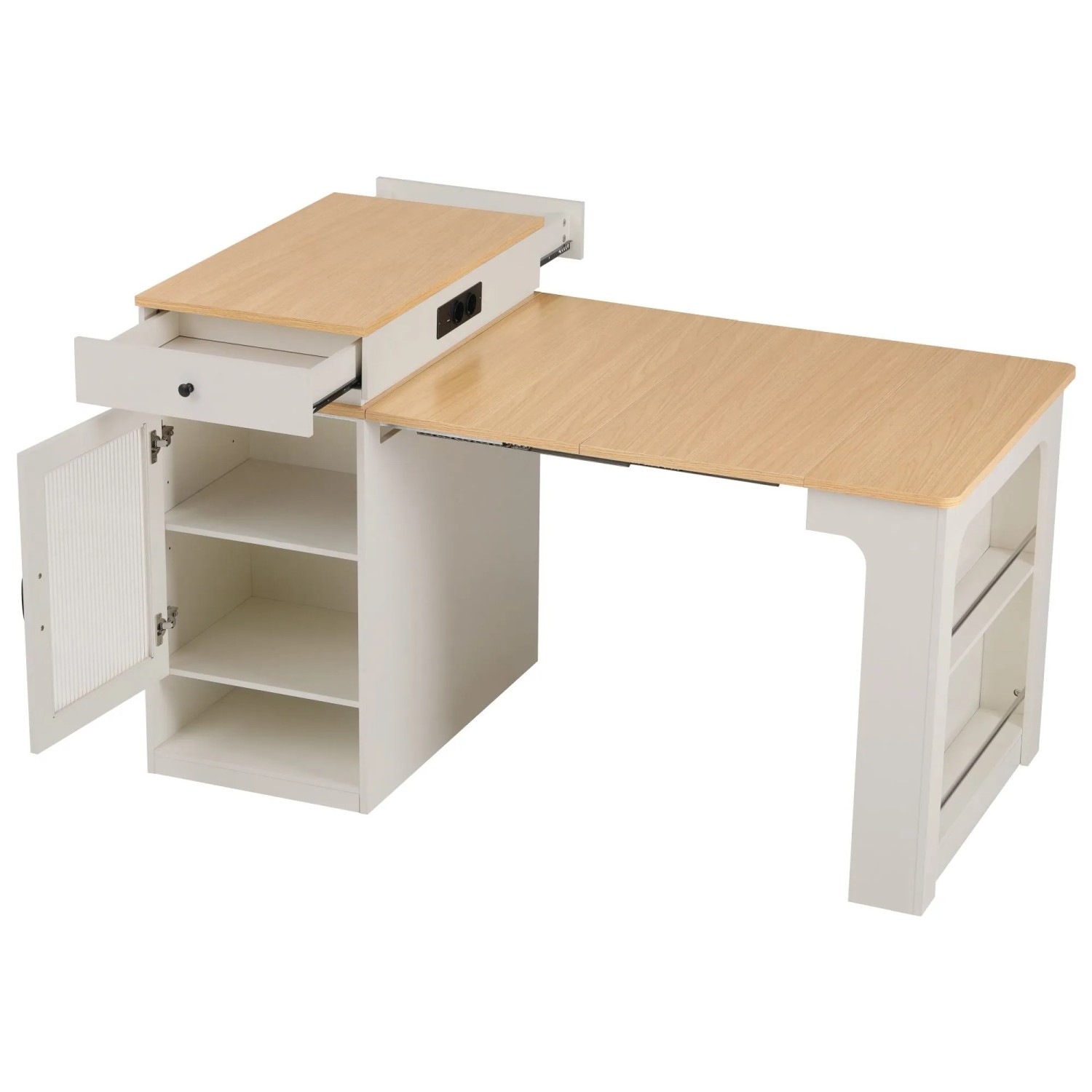 okwish Kücheninsel mit Rollen Ausziehtisch Steckdosenleiste Küche Esszimmer 80x151x92cm Weiß
