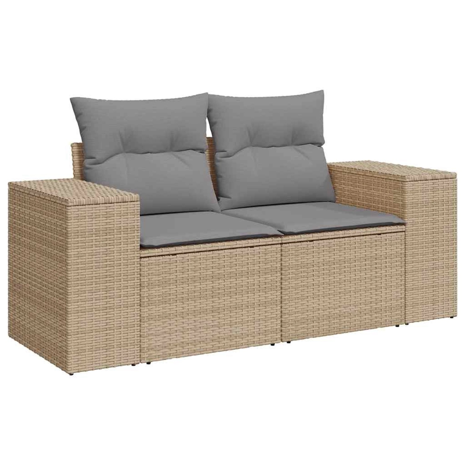 Beige 7-tlg. Garten-Sofagarnitur aus Rattan mit grauen Kissen. Gartenmöbel für Terrasse und Garten.