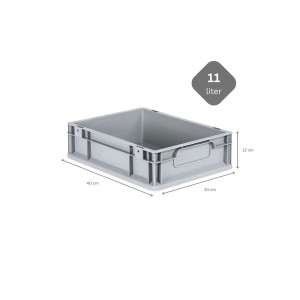 Graue 11L PROREGAL Eurobox Nextgen Economy mit Griffen und Maßangaben.