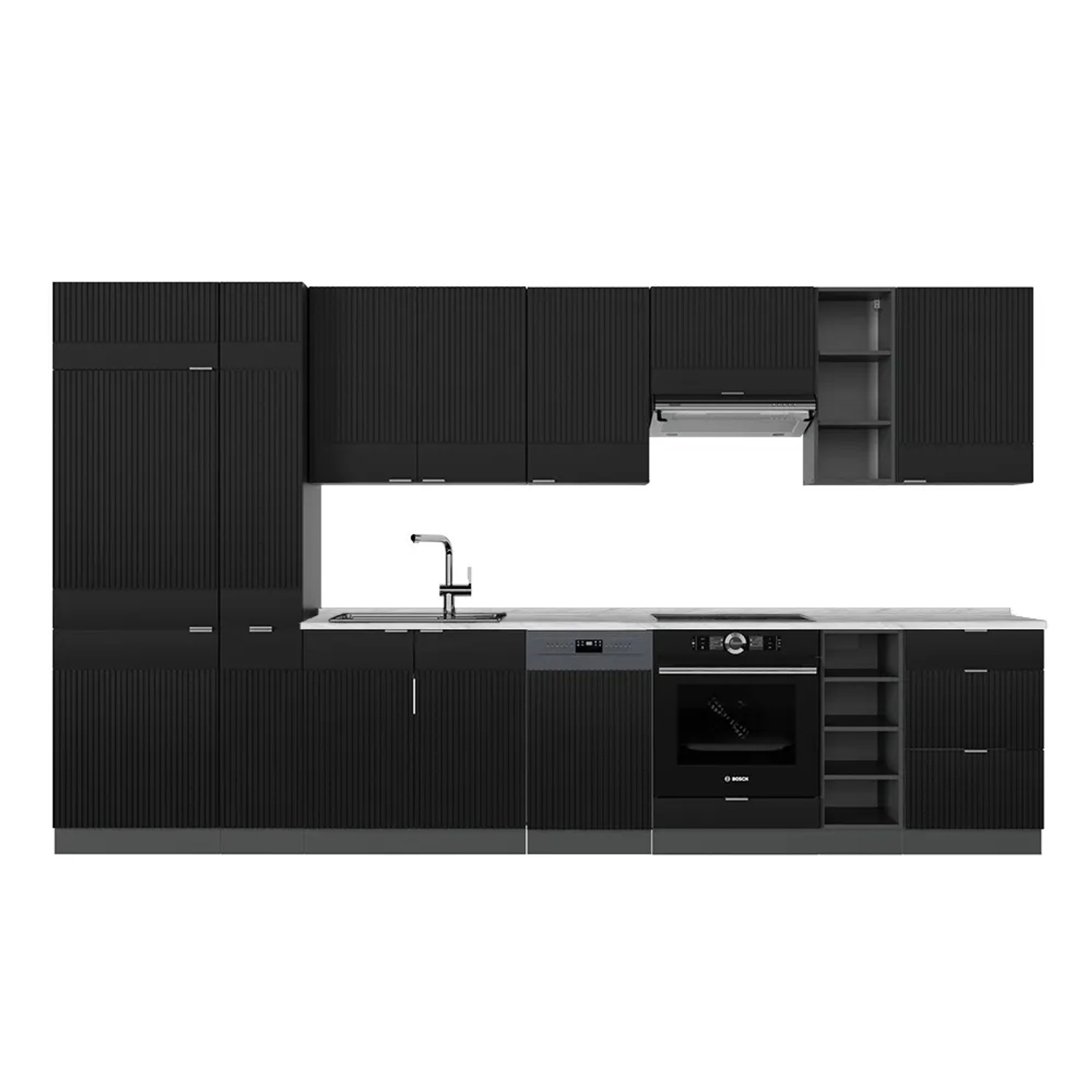 Vicco Fame-Line Küchenzeile Schwarz gestreift/Anthrazit 355 cm AP Marmor ohne E-Geräte