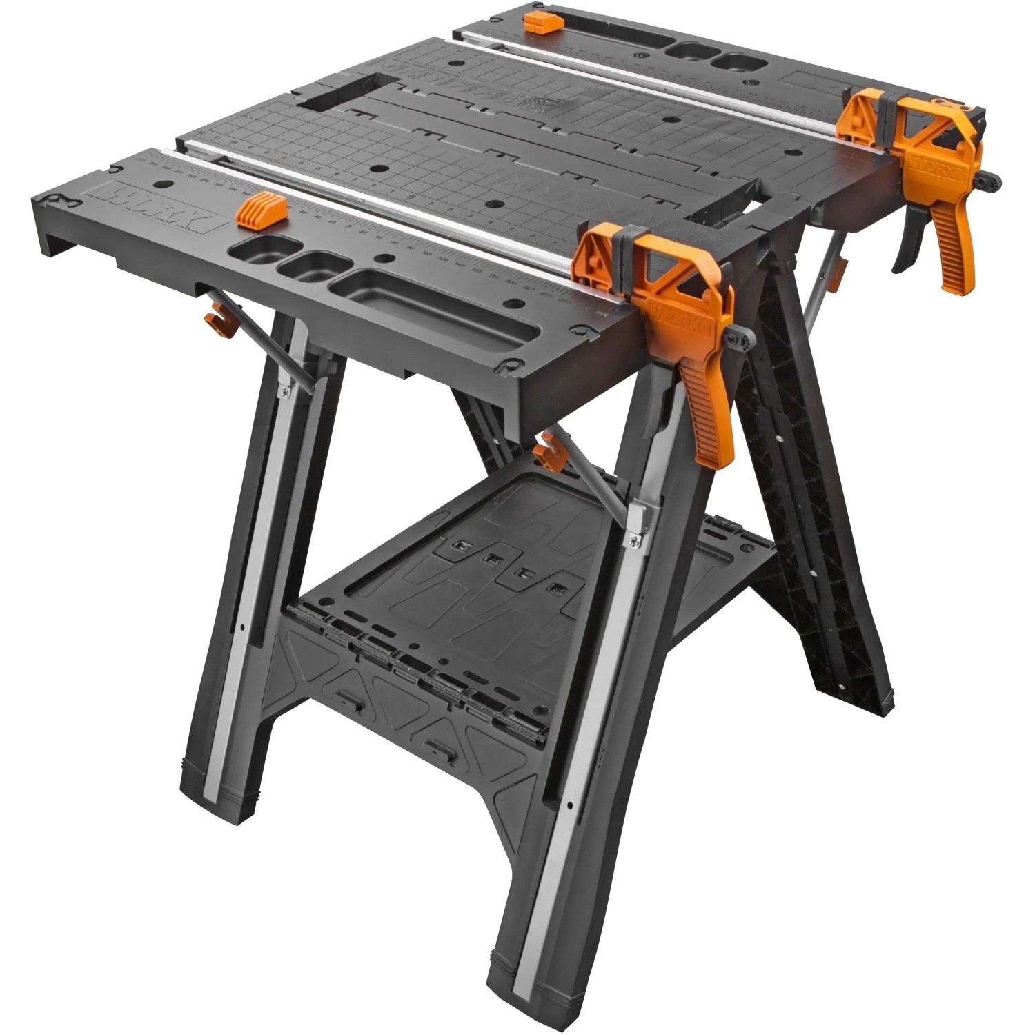Worx Pegasus WX051 Multifunktions-Arbeitstisch, zusammenklappbar mit Ablage und orangenen Klemmen.