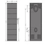 Technische Zeichnung Justus Tova W+ Kaminofen Stahl Schwarz 6 kW mit Maßen und Anschlüssen.