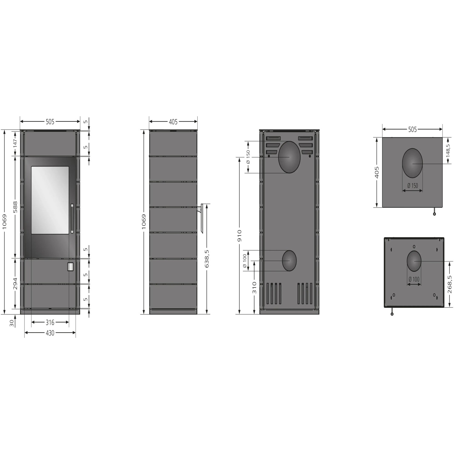 Technische Zeichnung Justus Tova W+ Kaminofen Stahl Schwarz 6 kW mit Maßen und Anschlüssen.