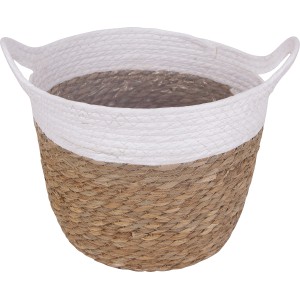 Natur-weißer Pflanzkorb (Ø 35 cm) aus geflochtenem Material mit zwei Griffen. Ideal als Übertopf.