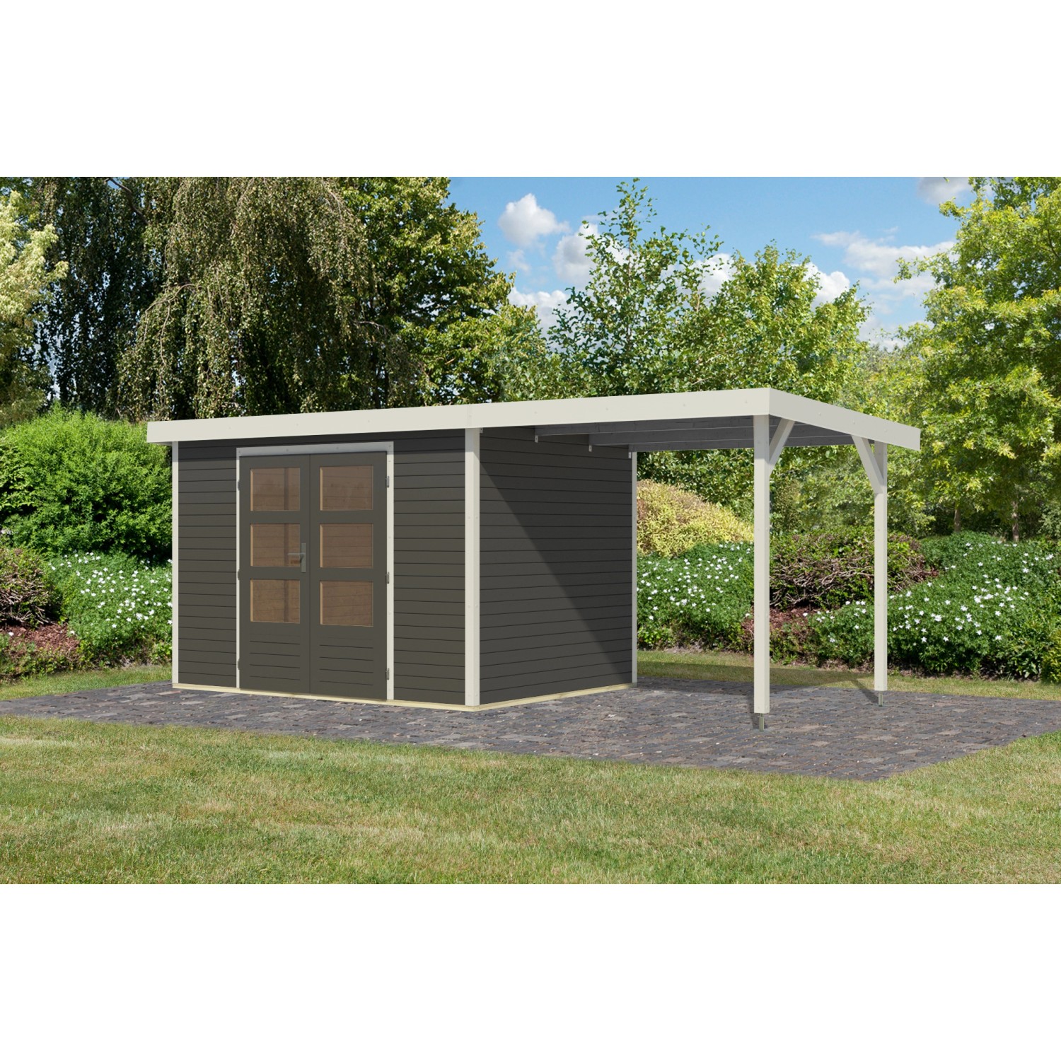 Karibu Gartenhaus Ernesto 4 B m. Anbaudach Terragrau/Weiß 209 x 298 x 213 c günstig online kaufen