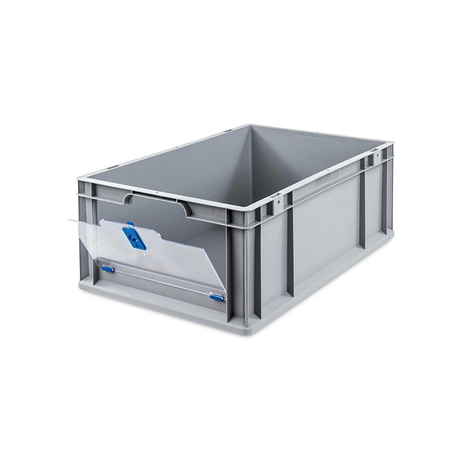 Graue Eurobox mit Entnahmeöffnung und transparentem Deckel, 44 Liter. Ideal zur Aufbewahrung.