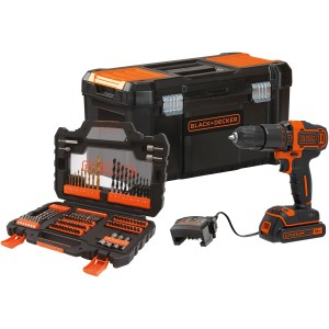 Black+Decker Akku-Schlagbohrschrauber Set mit Akku, Ladegerät, Bohrer-Set und Koffer.