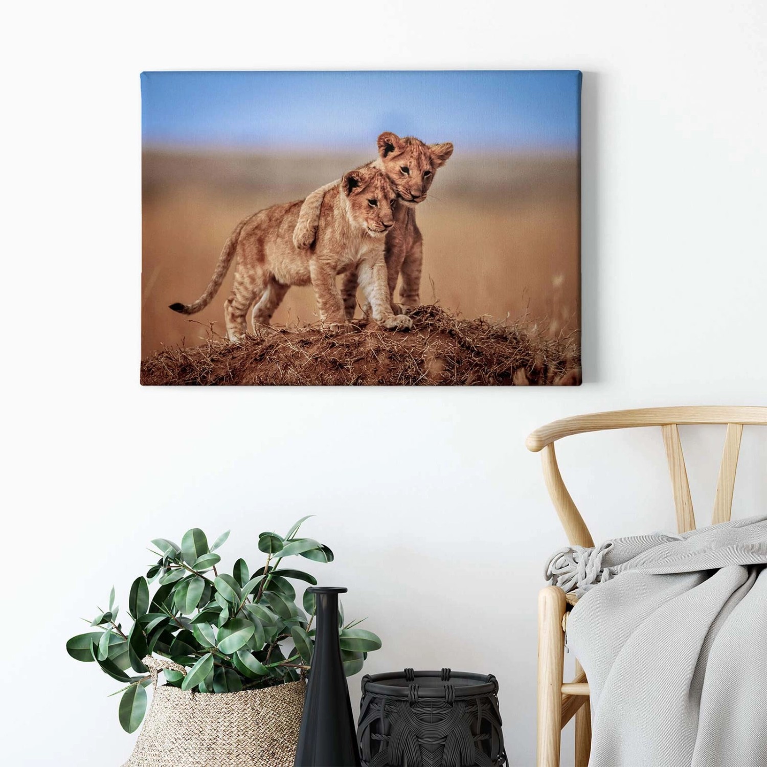 Bricoflor Löwen Bild Auf Leinwand Keilrahmen Bild Mit Baby Löwen Ideal Für Kinderzimmer Und Wohnzimmer Tier Wandbild Im 