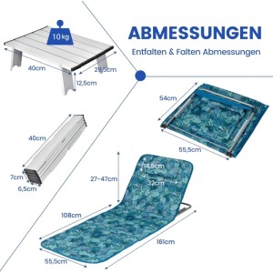 Costway 2er Set Strandmatte mit Beistelltisch Kopfkissen Türkisblau