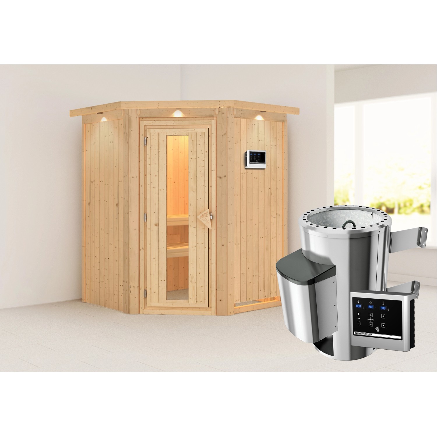 Karibu Sauna mit Ofen externe Stg.Easy LED-Dachkranz Natur