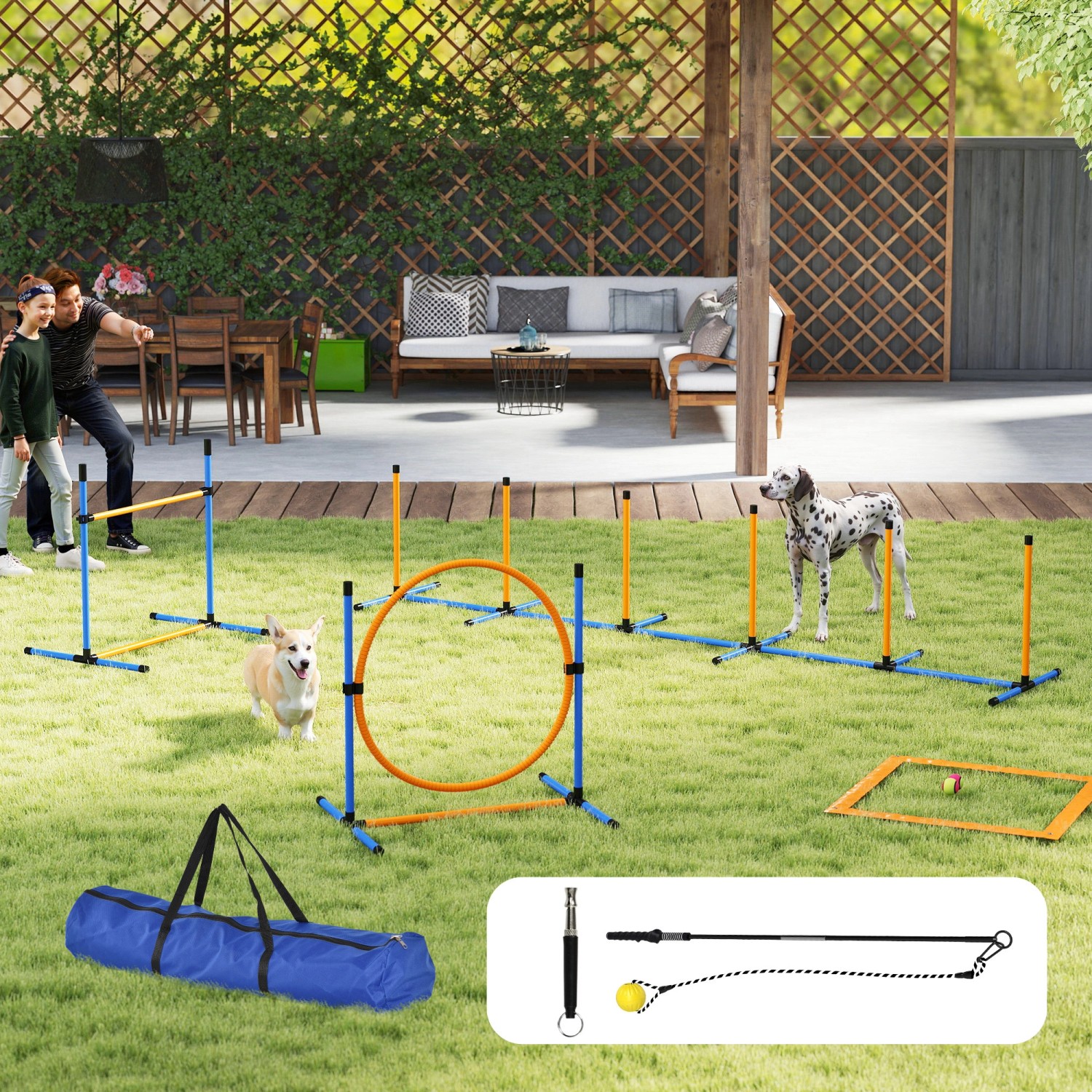 PawHut Hunde Agility Set blau/orange mit Hürden, Tunnel, Stangen und Zubehör für das Hundetraining.