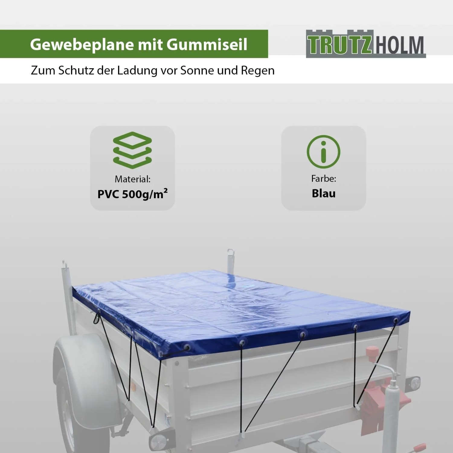 TRUTZHOLM Anhänger Flachplane Blau mit Gummigurt 2075x1140x50mm und 3 Alubügel  1000 bis 1450mm