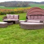 Merxx Riva-Insel Lounge-Gartenmöbel mit Erweiterung: Insel mit Dach, Bänke, Tisch, Auflagen, Polyrattan-Optik.