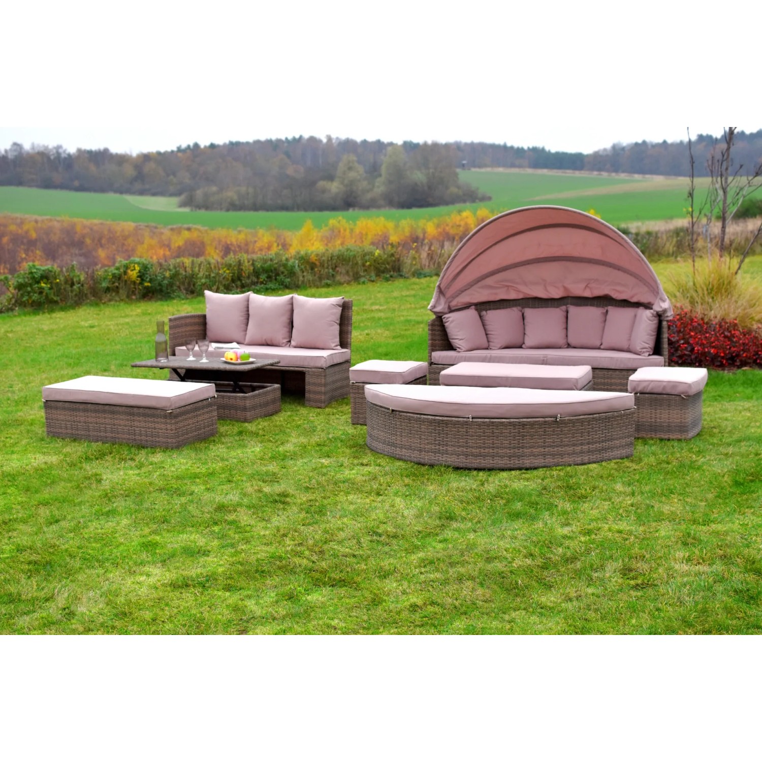 Merxx Riva-Insel Lounge-Gartenmöbel mit Erweiterung: Insel mit Dach, Bänke, Tisch, Auflagen, Polyrattan-Optik.