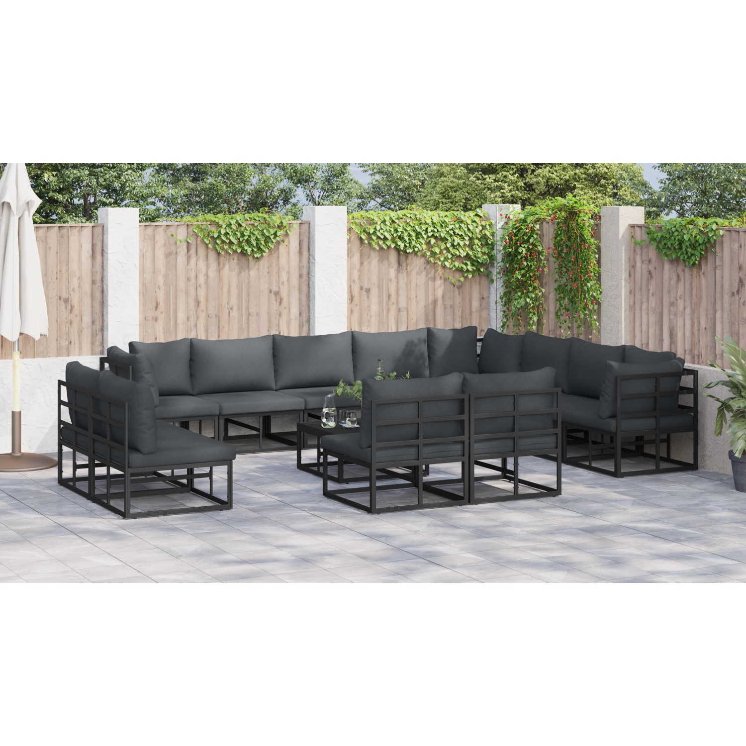 vidaXL Garten-Sofa-Set, 13-teilig, schwarz, Aluminium. Modulares Lounge-Set mit Tisch und anthrazitfarbenen Kissen.