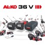 AL-KO Akku B160 LI BT 36V 4 AH mit Gartengeräten der Akku-Familie im Hintergrund.