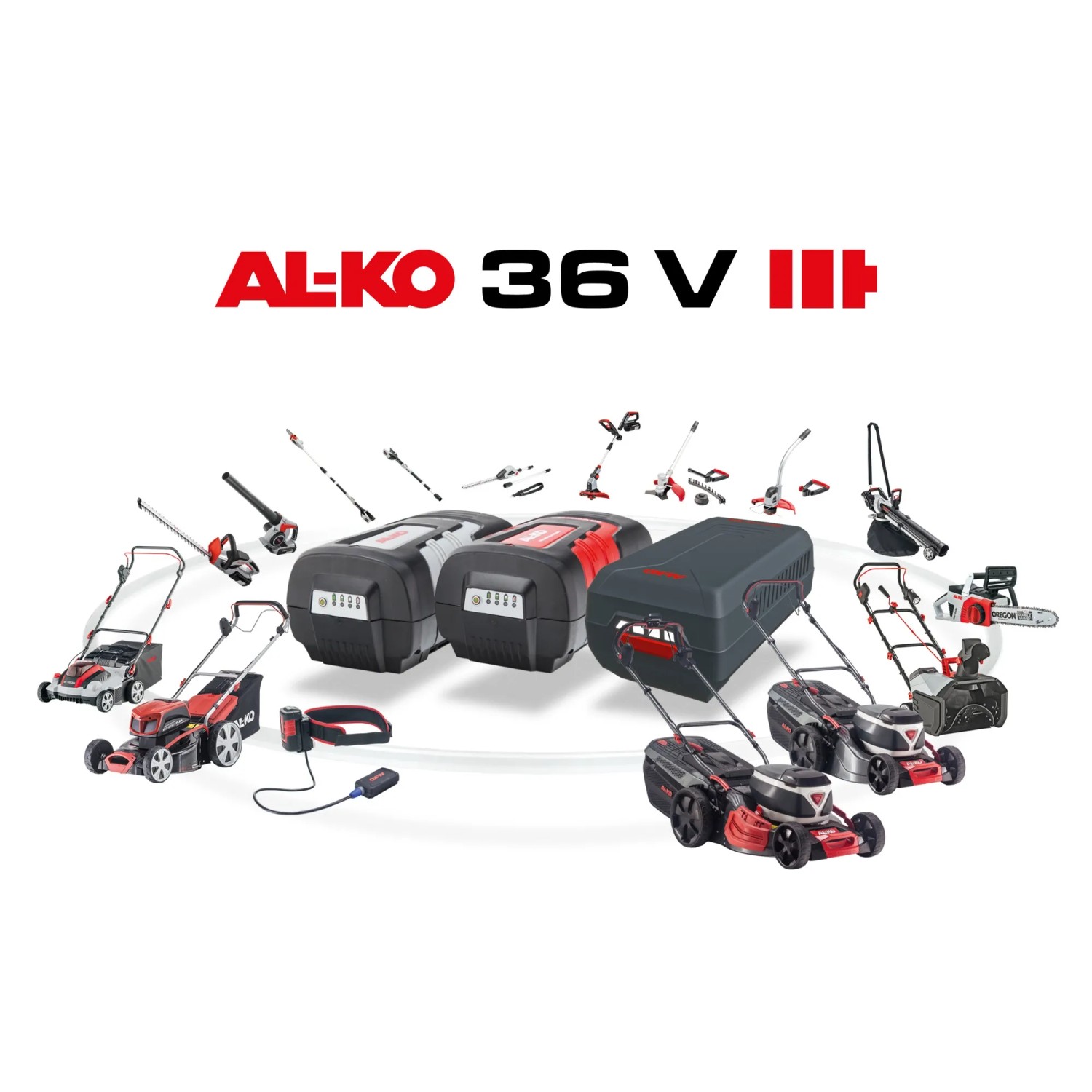 AL-KO Akku B160 LI BT 36V 4 AH mit Gartengeräten der Akku-Familie im Hintergrund.