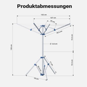 Wiltec Mobile Wäschespinne, ausgeklappt mit Maßen. Alu Wäscheständer für Camping, Reise, klappbar, stabiler Stand.