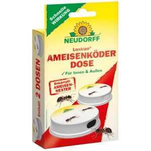 Neudorff Loxiran Ameisen-Köderdose, 2 Stück. Weiße Fallen mit Ameisen auf gelb-roter Packung. Für Innen & Außen.