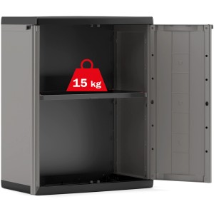 Dunkelgrauer Kunststoffschrank Jolly mit geöffneter Tür und einem Einlegeboden.