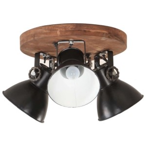 Schwarze Industrie Deckenlampe mit 3 Strahlern und Holzsockel, 42x27 cm.