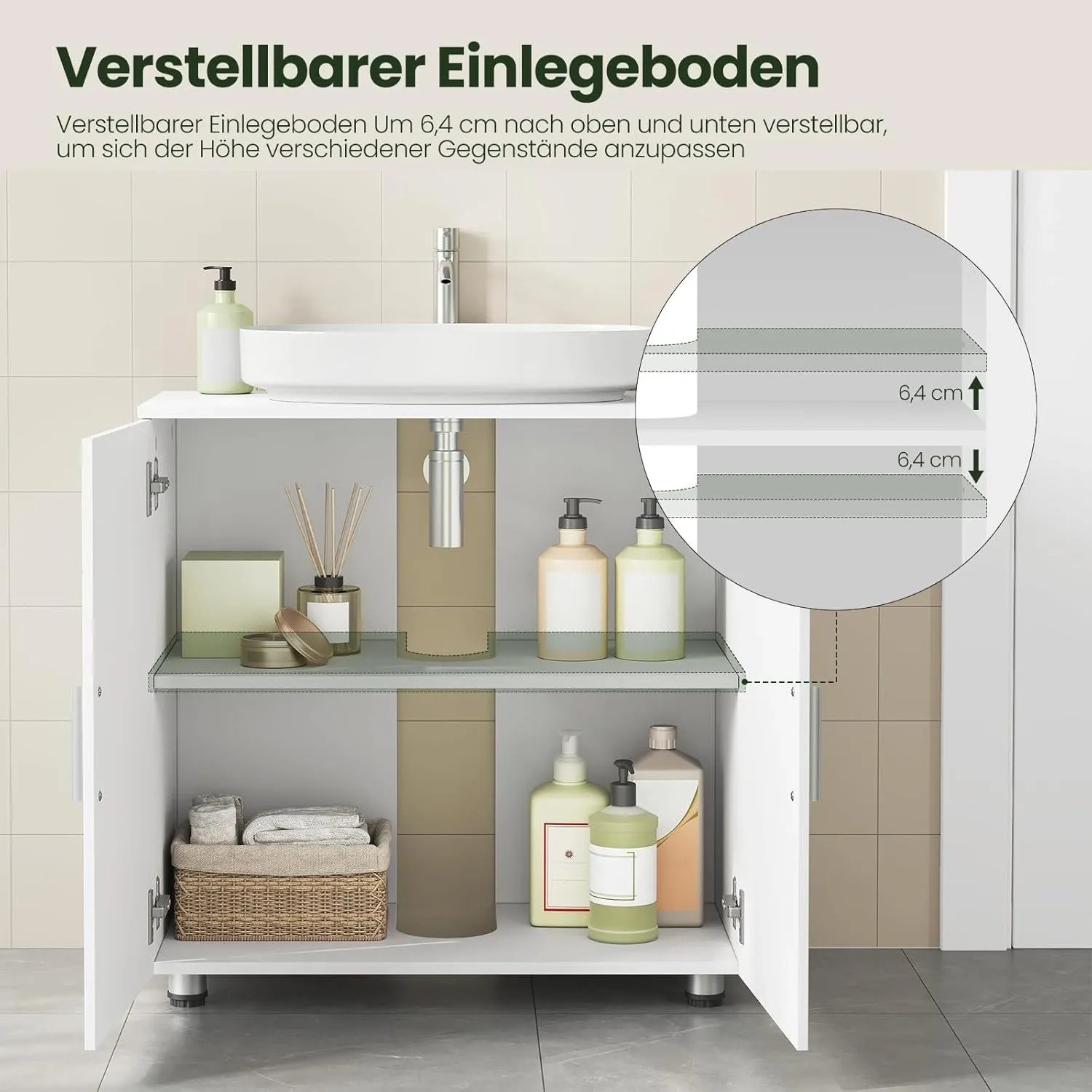 Weißer MDF Waschbeckenunterschrank Landhausstil mit verstellbarem Einlegeboden und offenen Türen.