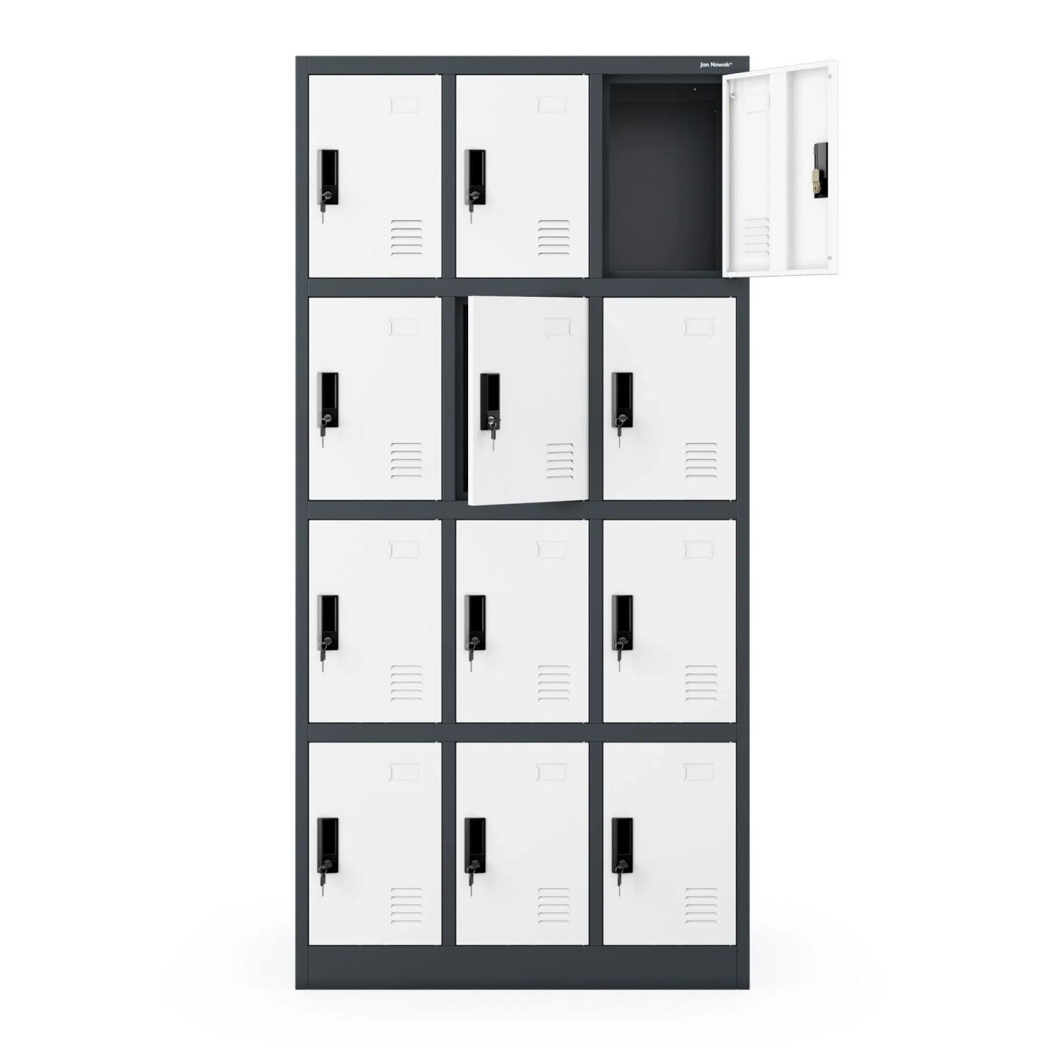 Jan Nowak Fächerschrank MARCIN, anthrazit-weiß, mit 12 abschließbaren Fächern. Ideal für Büro und Werkstatt.