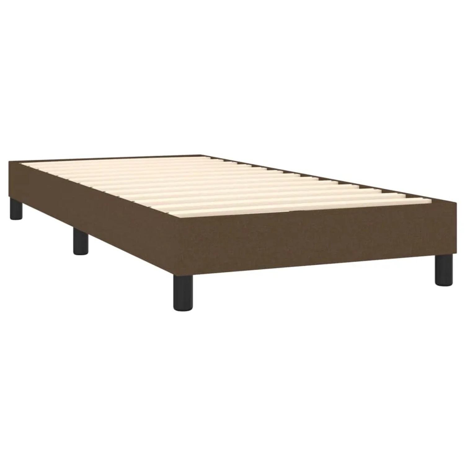 Boxspringbett in Dunkelbraun, Stoffbezug, ohne Matratze. Bettrahmen mit Lattenrost.