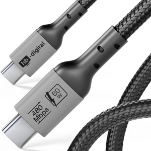 Schwarzes USB-C auf USB-C Kabel (2m) von hb-digital, 60W Ladeleistung.