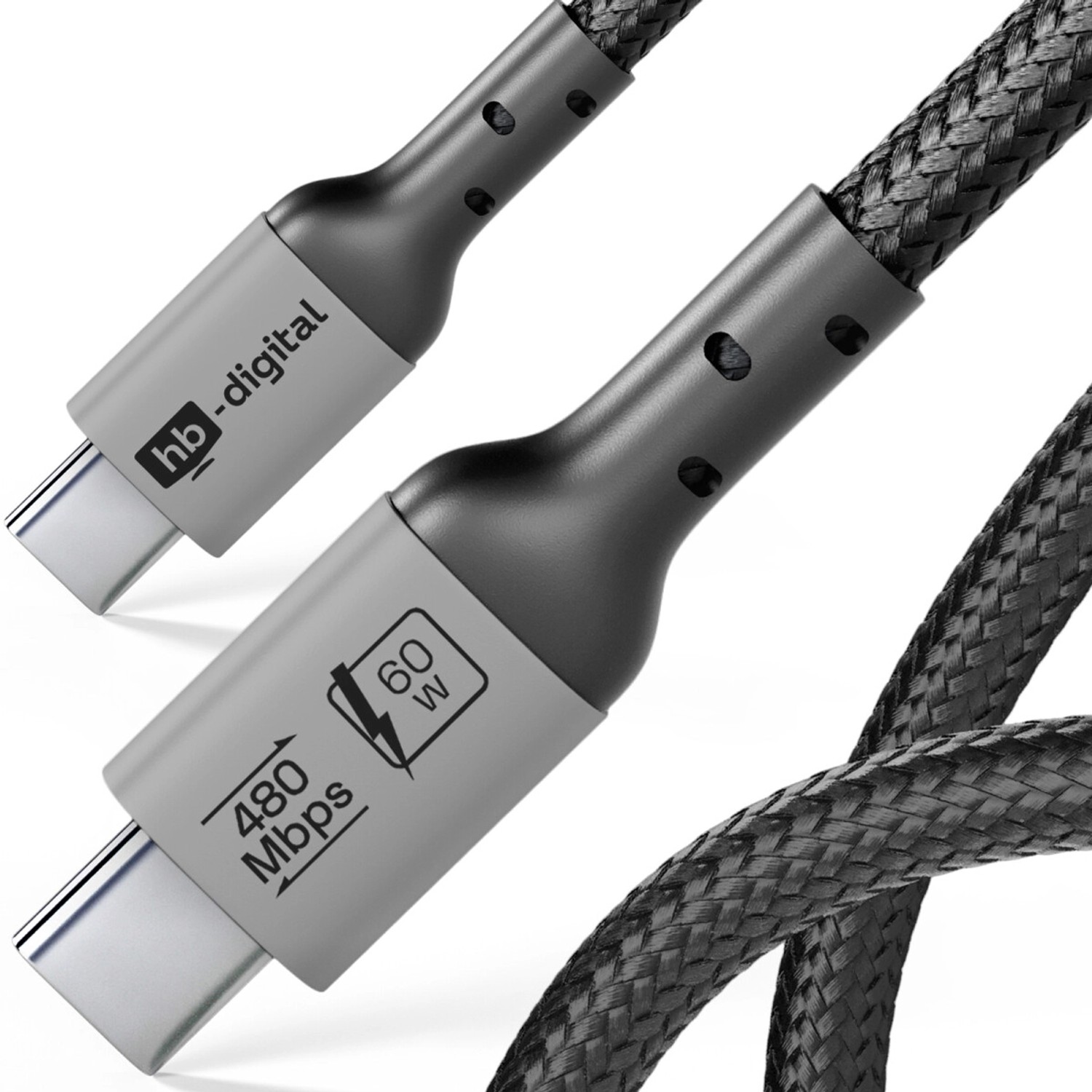 hb-digital USB-C auf USB-C Kabel 2m USB 2.0 60W 480Mbps Schwarz
