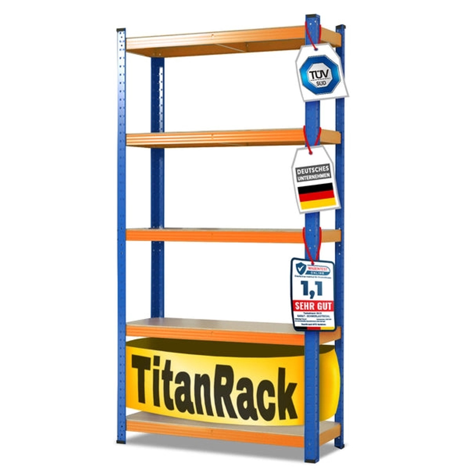 Blau-oranges Schwerlastregal mit 5 Böden, Traglast bis 875 kg, ideal für Keller, Garage oder Werkstatt.