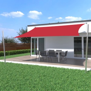 Weinrotes Toldoro Sonnensegel Komplettset 6x3m mit Befestigung auf Terrasse mit Tisch und Stühlen.