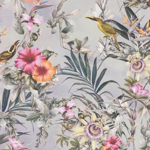 PROFHOME Vliestapete mit Blumen, Palmen, Kolibris und Vögeln in Grau, Rosa, Orange und Grün.