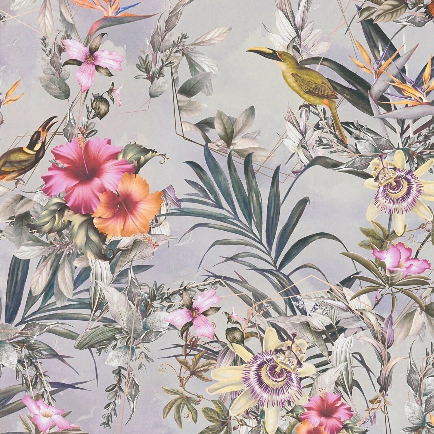 PROFHOME Vliestapete mit Blumen, Palmen, Kolibris und Vögeln in Grau, Rosa, Orange und Grün.