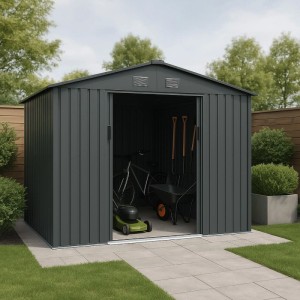 Dunkelgrauer Juskys Metall Geräteschuppen XL mit Pultdach und Schiebetür. Gartenhaus zur Geräteaufbewahrung.