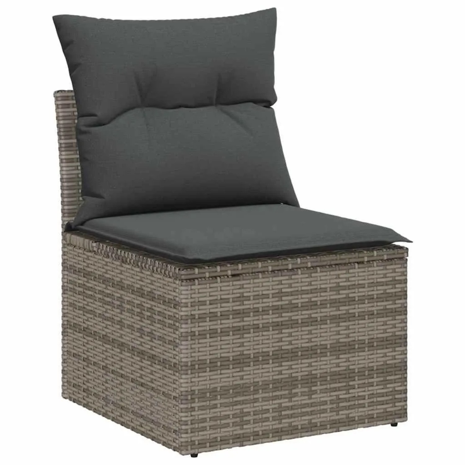 Graues vidaXL Poly-Rattan Gartensofa-Modul mit dunklen Sitz- und Rückenkissen. Robustes Outdoor-Möbel für Terrasse & Garten.