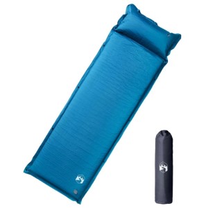 Türkisblaue, selbstaufblasende Isomatte mit Kissen und Packsack für Camping & Outdoor.