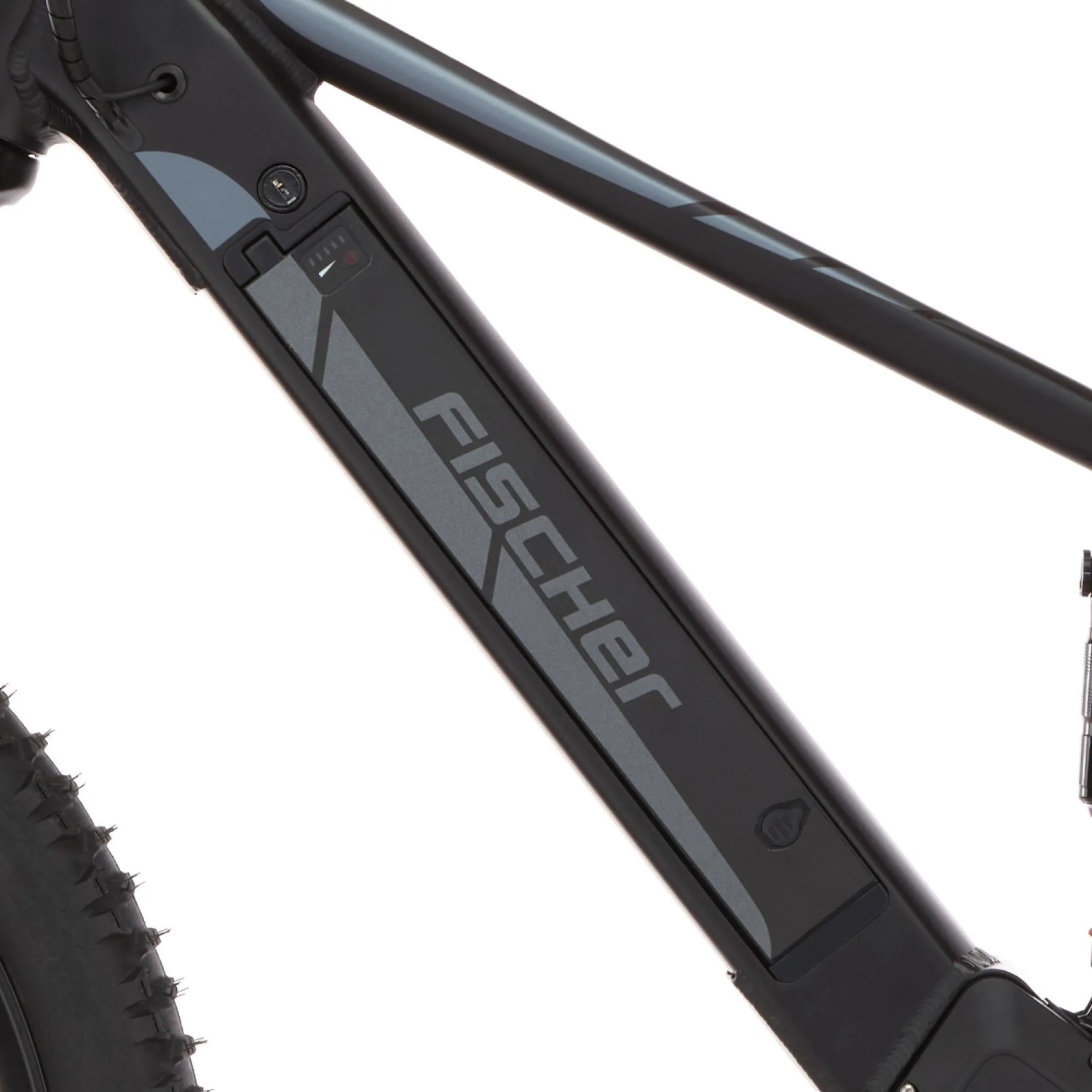 Detailaufnahme: Schwarzes Fischer E-Bike Montis 6.0i Fully mit semi-integriertem Akku.