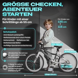 PROMETHEUS Kinderfahrrad 20 Zoll in Schwarz/Silber mit Kind. Leichtes 7-Gang Premium Fahrrad.